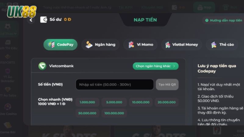 Hướng Dẫn Toàn Diện Nạp Tiền UK88 Không Bị Lỗi 5 Dùng code pay để nạp tiền nhanh gọn và bảo mật