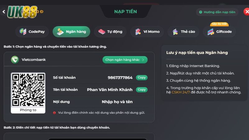 Hướng Dẫn Toàn Diện Nạp Tiền UK88 Không Bị Lỗi 3 Giao dịch qua ngân hàng ổn định và đảm bảo an toàn